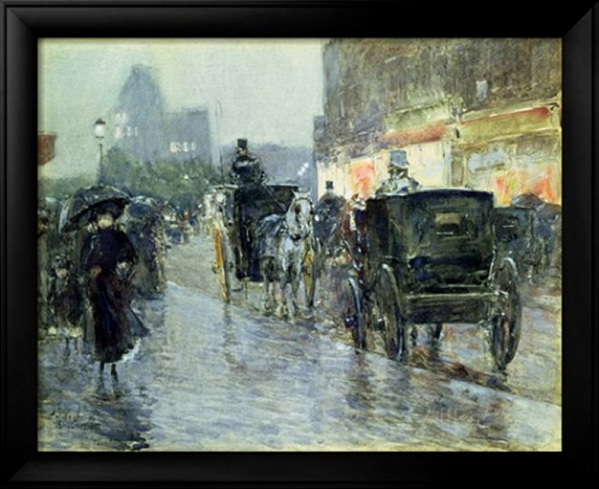 Horse Drawn Cabs at Evening, New York, C.1890 by Childe Hassam